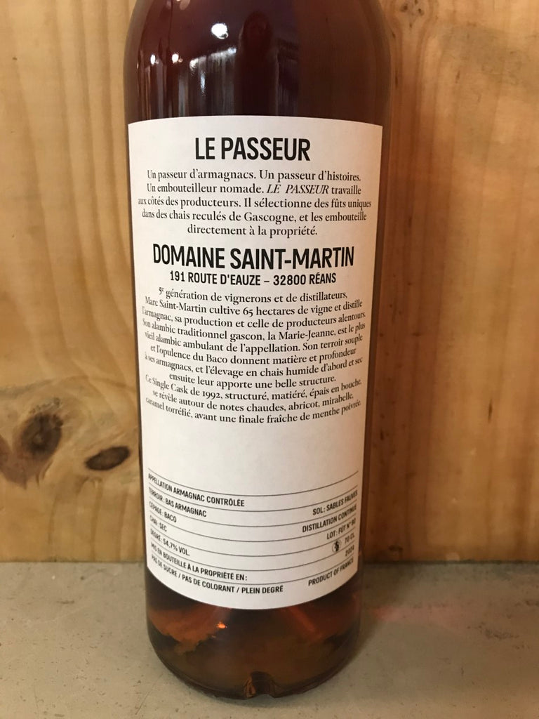 LE PASSEUR St Martin 1992 fût n° 90 Distillation continue 54,7° Bas Armagnac 70cl